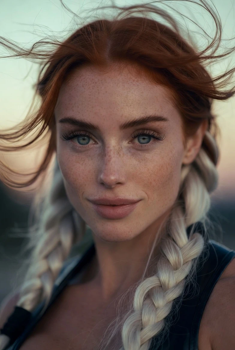 Muscular red haired warrior woman in desert sunset portrait