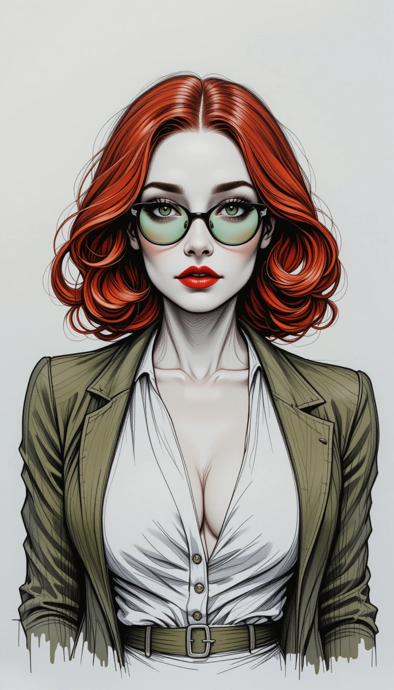 Confident redhead woman in glasses with vintage outfit