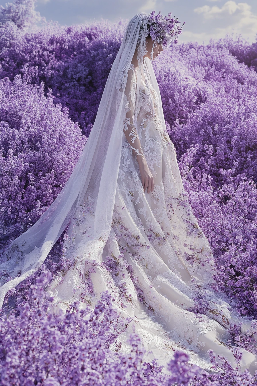 Surreal floral couture woman in lilac blossoms at sunset