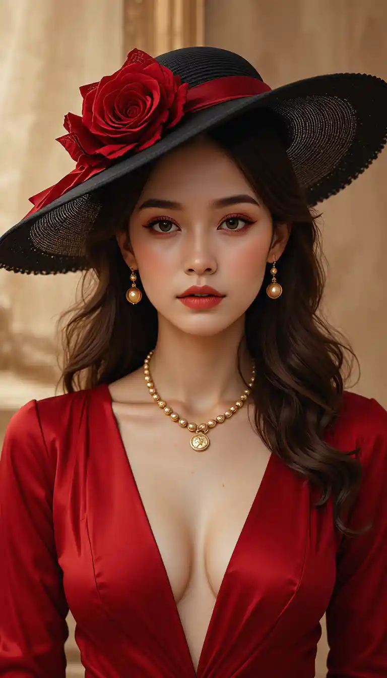 Elegant woman in red satin dress with black hat portrait