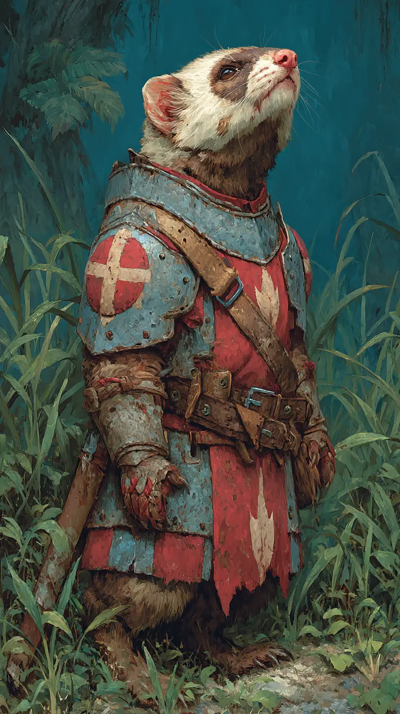 Armored ferret knight standing in a mystical fantasy forest