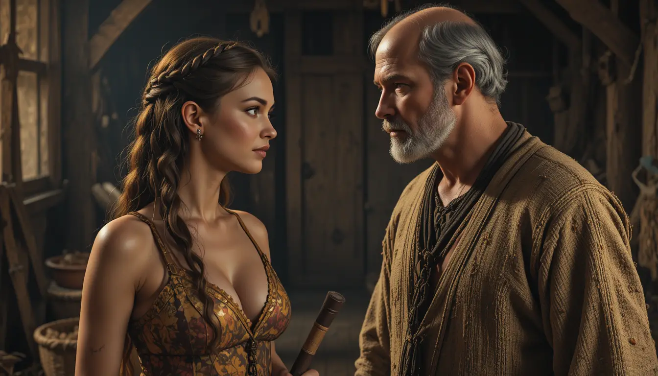 Woman and older man in rustic dim interior conversation