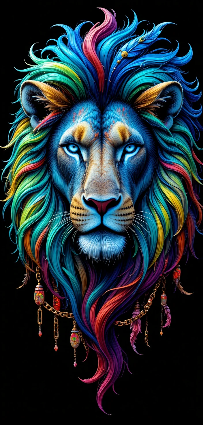 Colorful lion portrait with swirling abstract mane