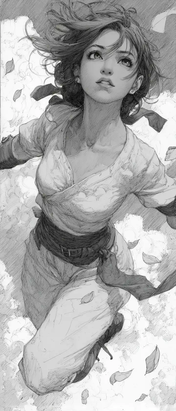 Anime girl leaping upward through swirling wind and leaves