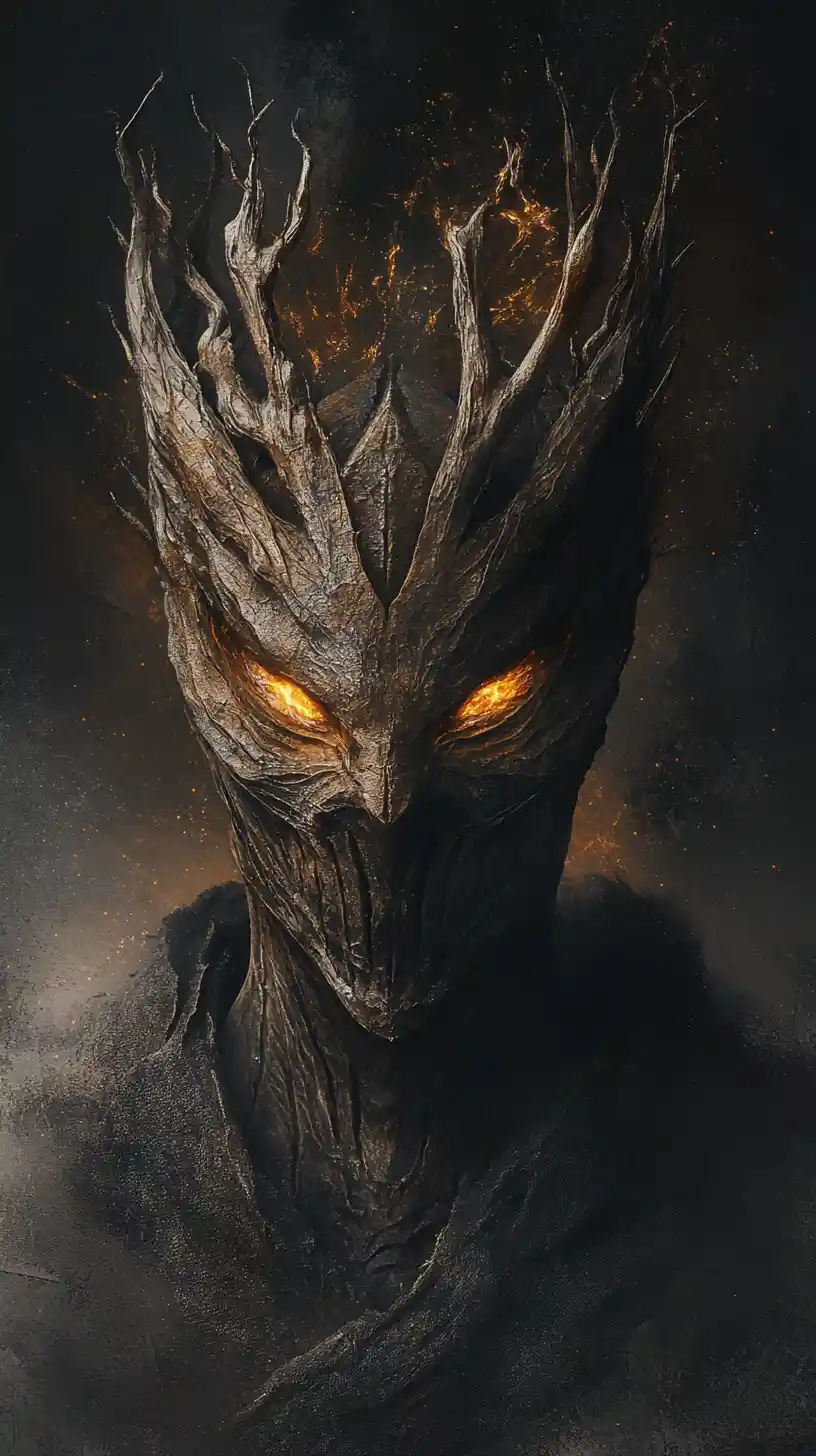 Eroded horned mask with glowing amber skeletal eyes
