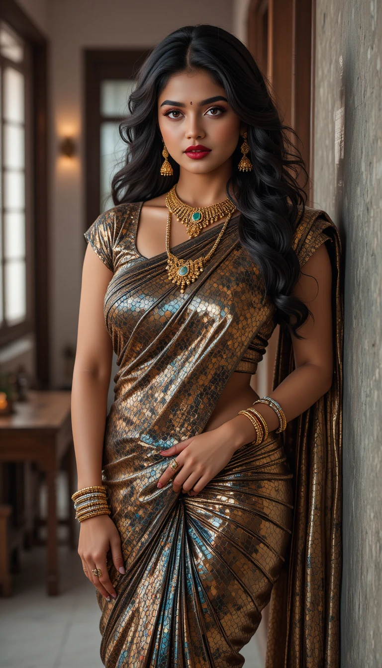 Tamil woman in glossy saree bending in an indoor room