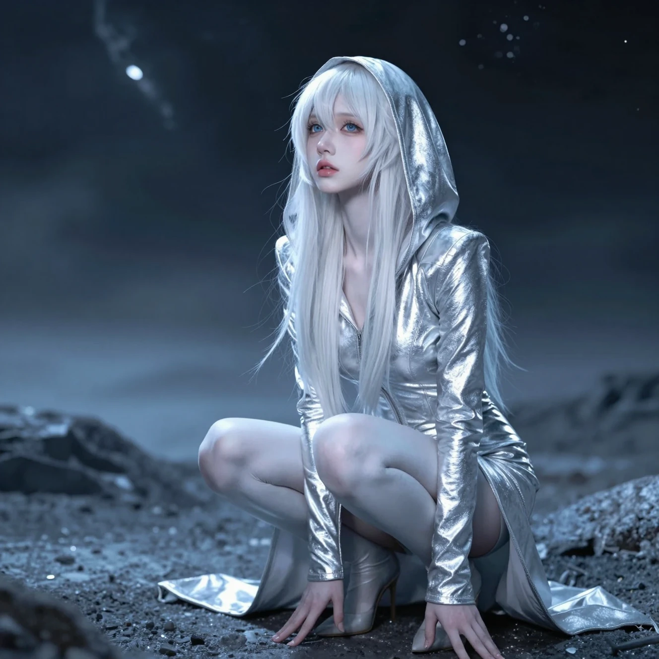 Pale Female Alien Squatting On A Dark Icy Planet