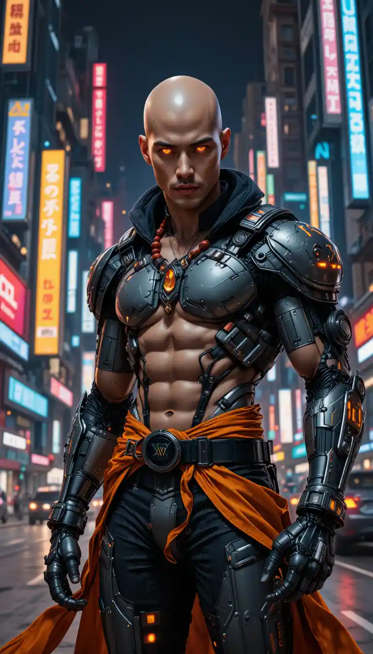 Cybernetic warrior with glowing eyes in neon cityscape