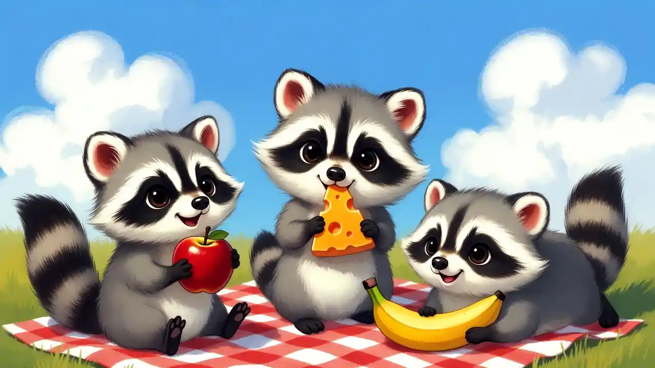 Cute raccoon family picnic on a sunny green meadow