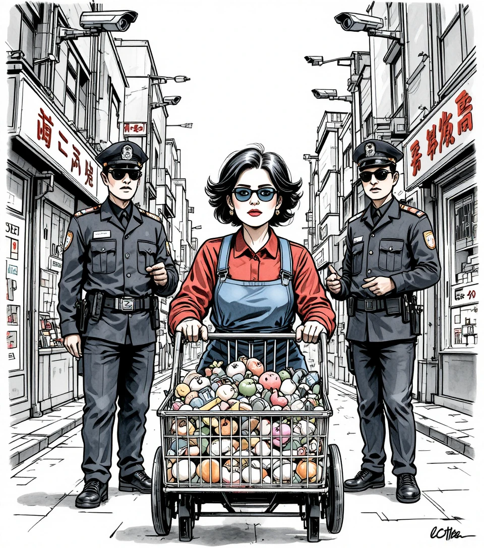 Satirical comic of an elderly woman with groceries on city street