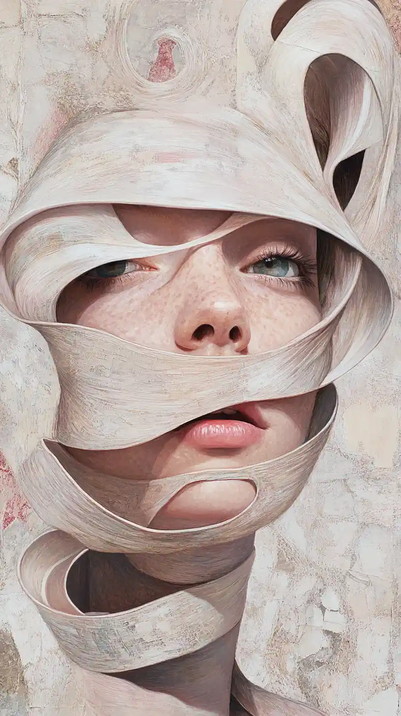 Surreal fashion portrait with face layers revealing shifting selves
