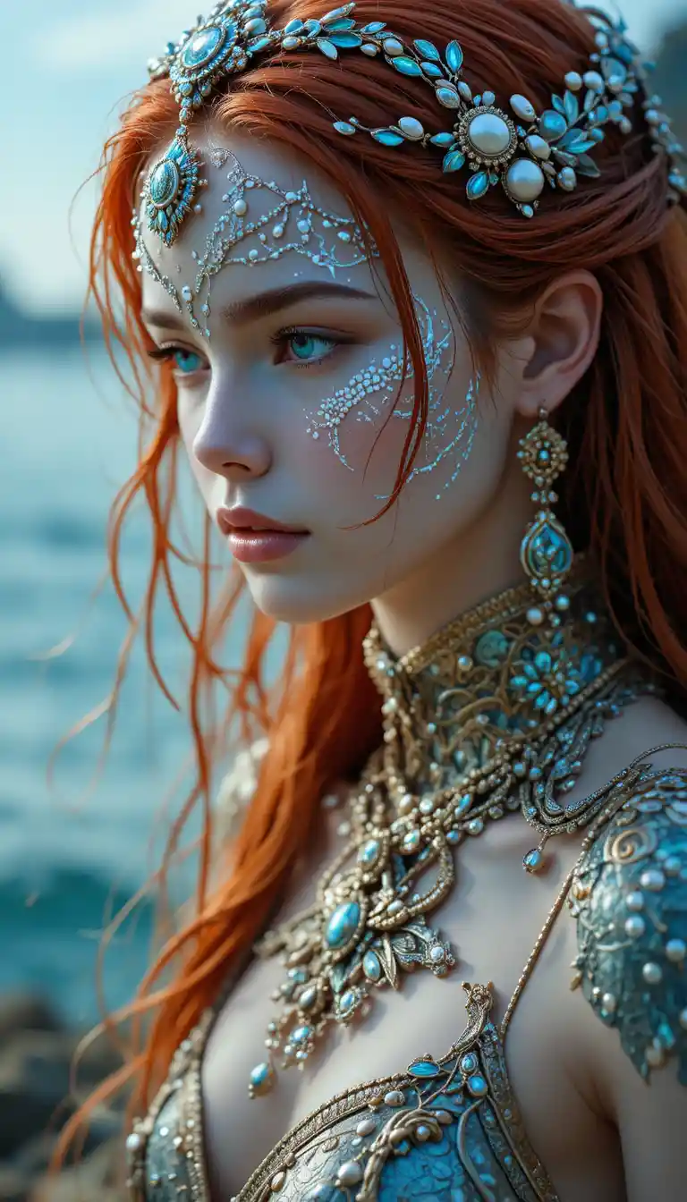 Mystical red haired woman adorned with seashell jewelry
