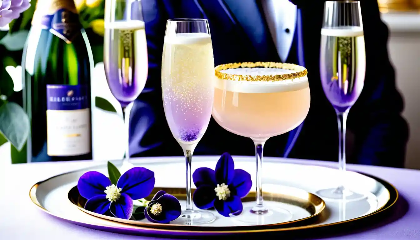 Lavender wedding cocktail in crystal coupe with sugar rim