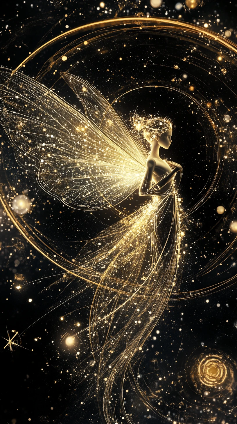 Glowing celestial fairy with rings and geometric constellations