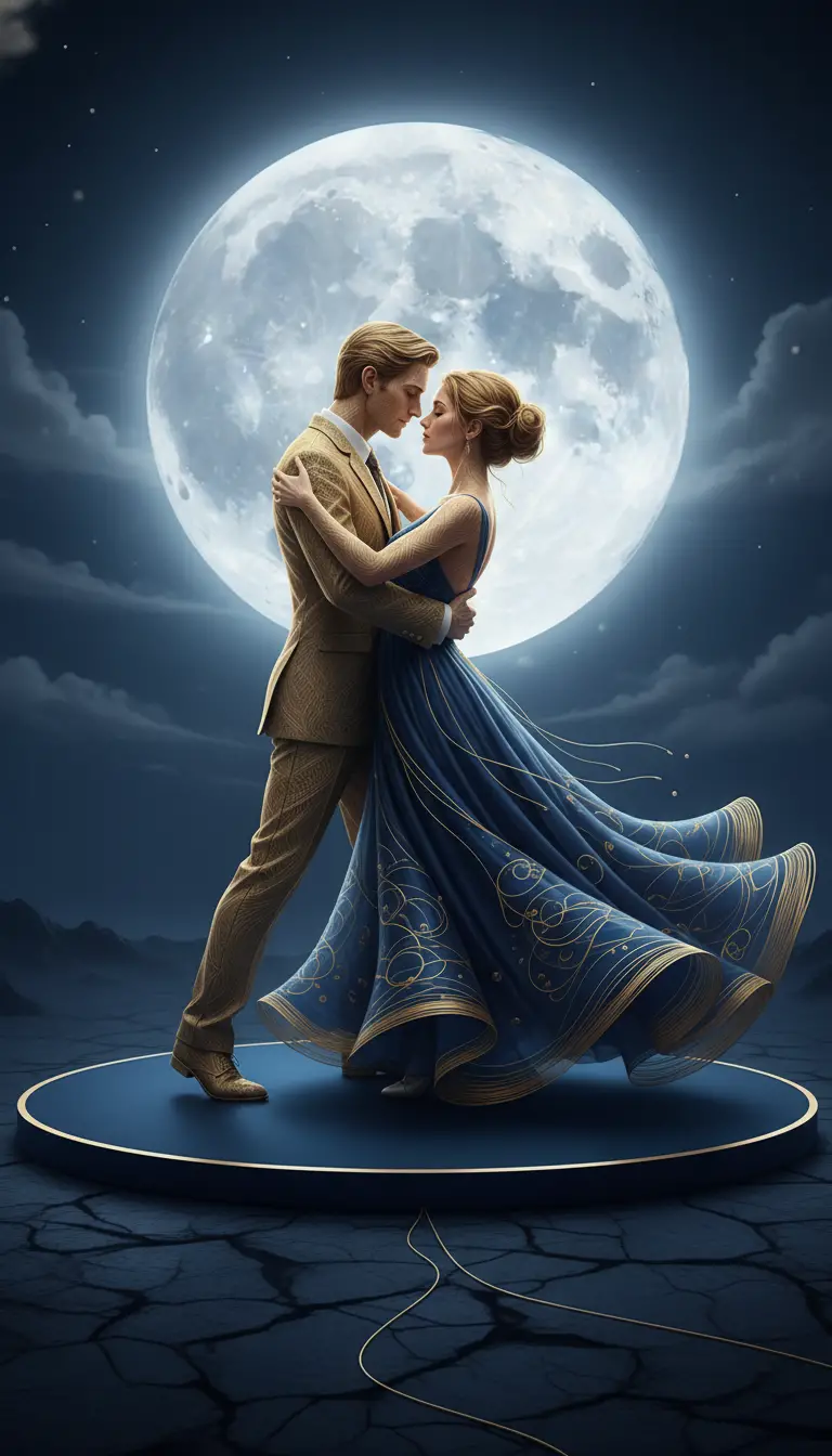 Golden wire couple dancing under a luminous full moon
