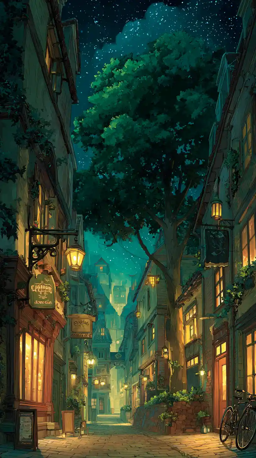 Narrow european alley at dusk with glowing lamps and tree