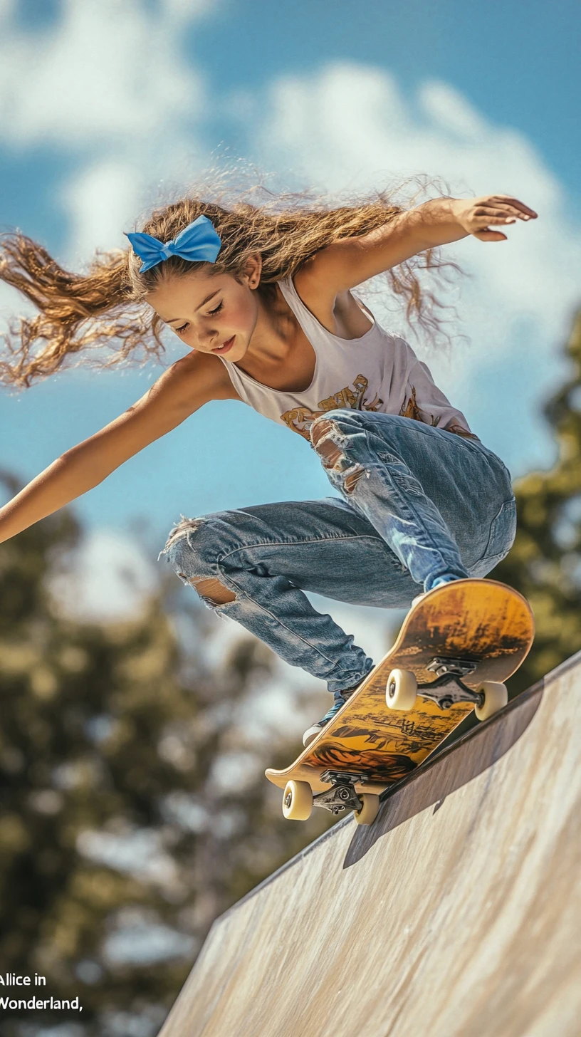 Teen girl soaring on a skateboard in a sunny skatepark