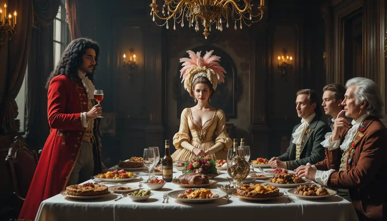 Baroque style dinner gathering in a lavish dimly lit room