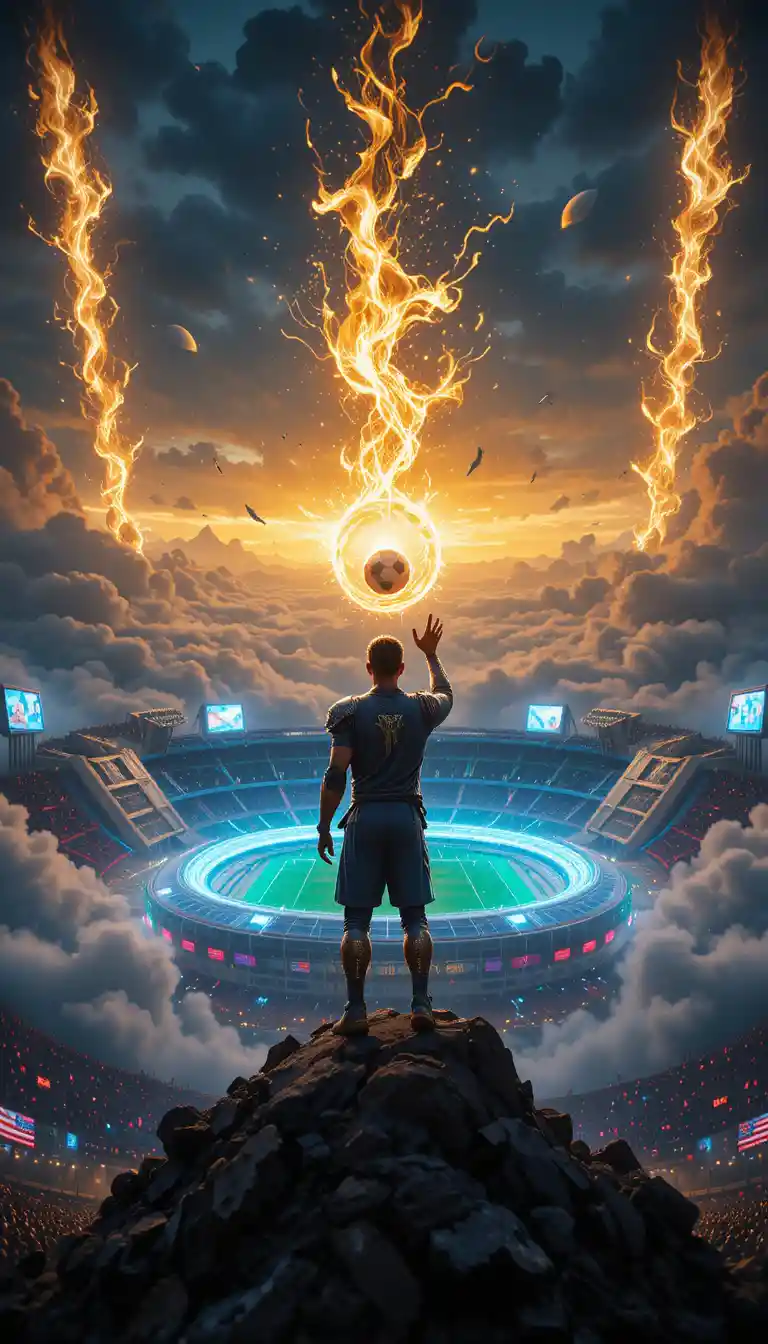 Legendary football warrior above a glowing floating stadium