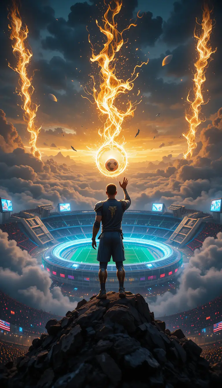 Legendary football warrior above a glowing floating stadium