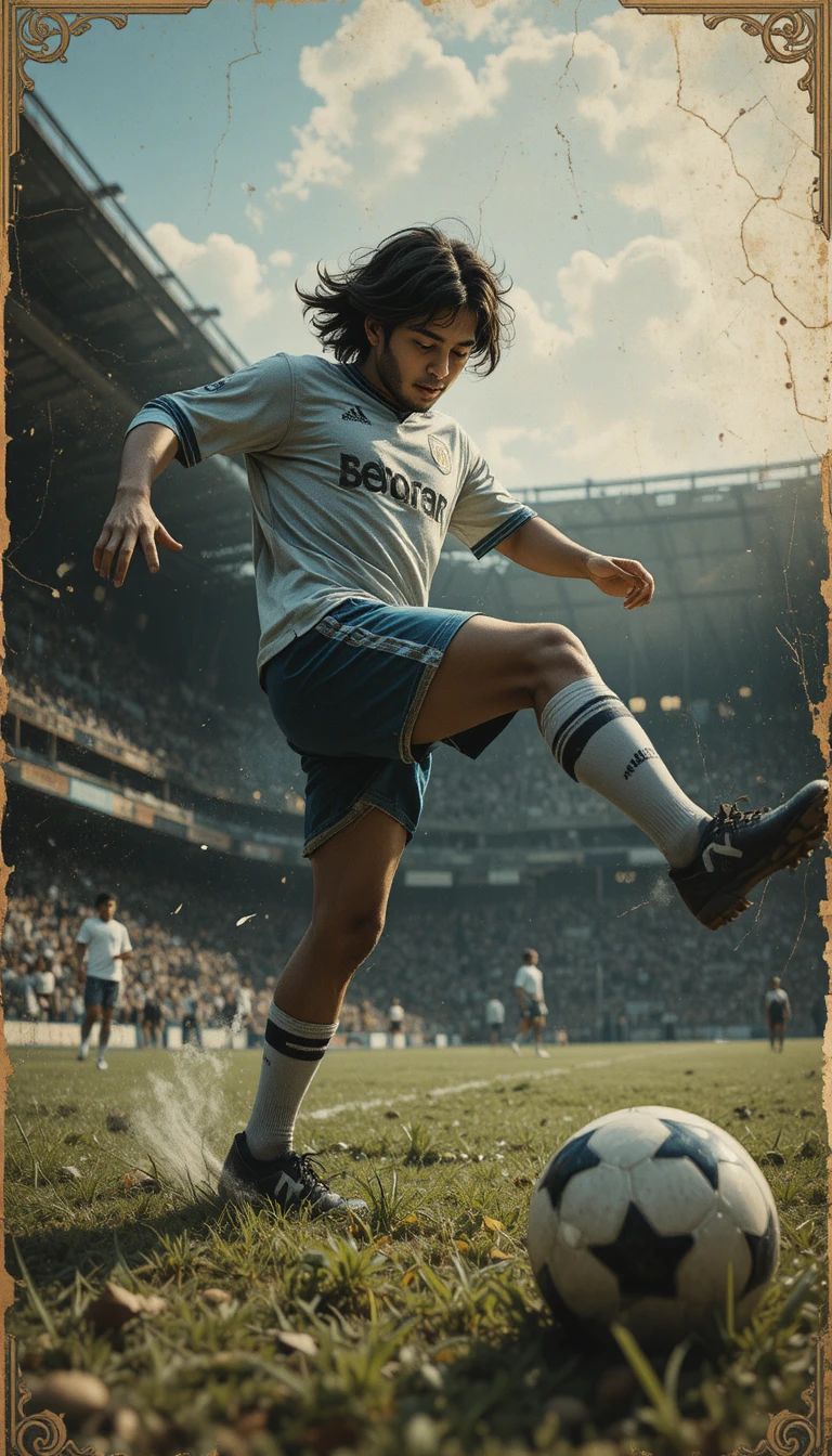 Soccer player kicking the ball in vintage storybook illustration