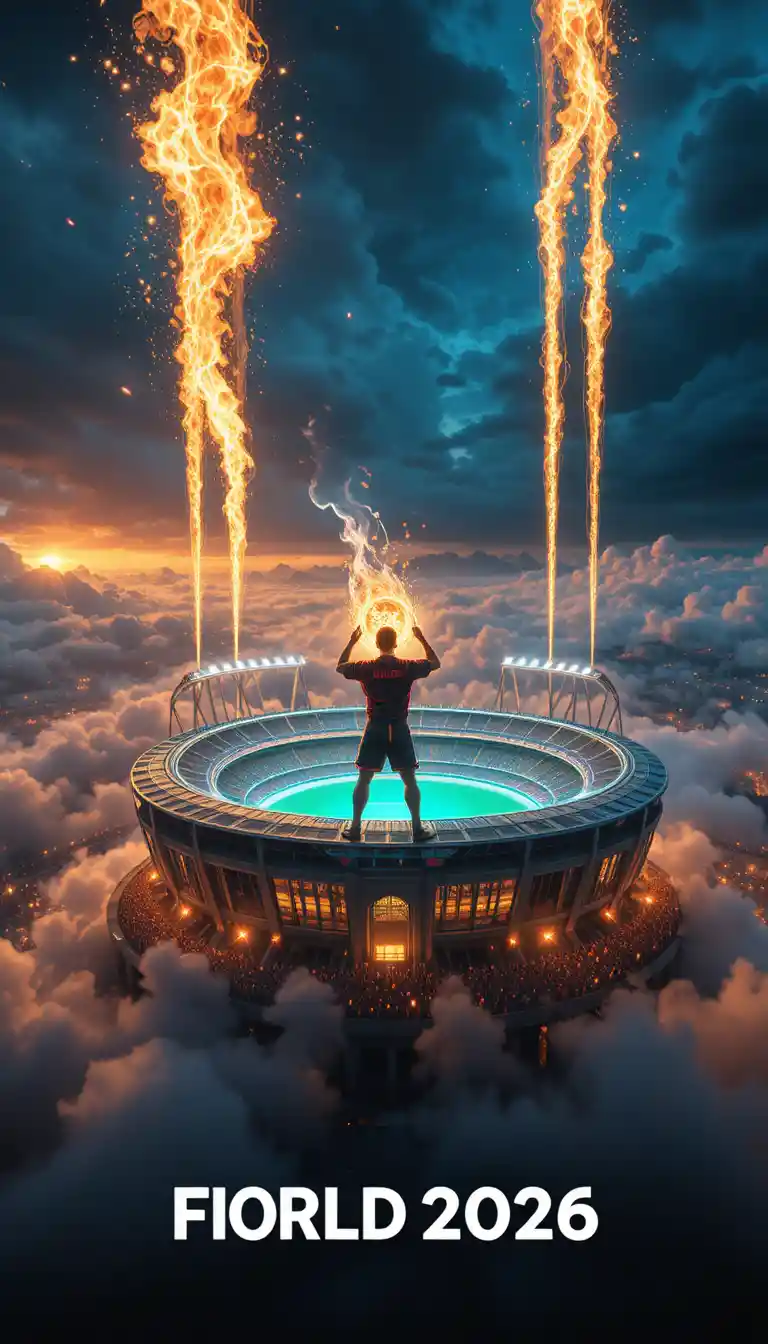 Legendary football warrior above a glowing sky stadium