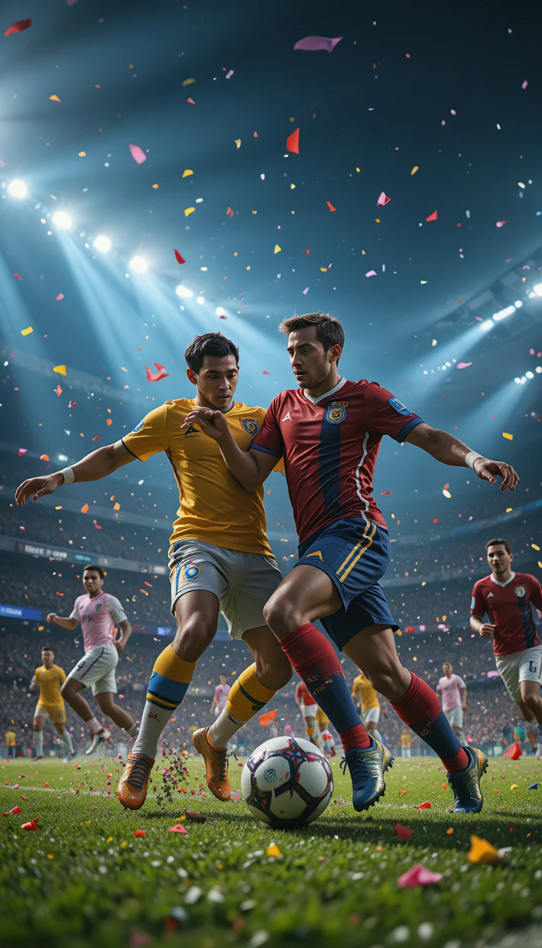 Soccer players clash under bright stadium lights with flying confetti