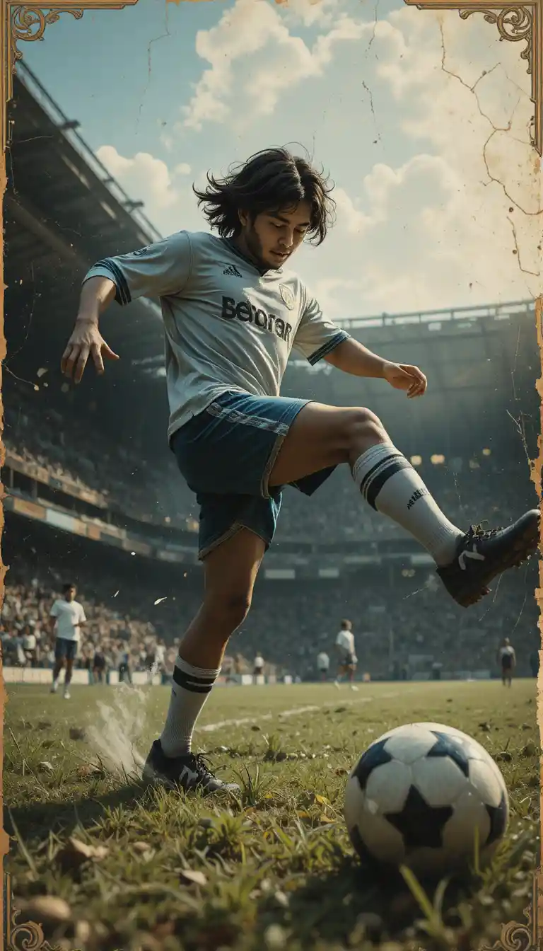 Soccer player kicking the ball in vintage storybook illustration