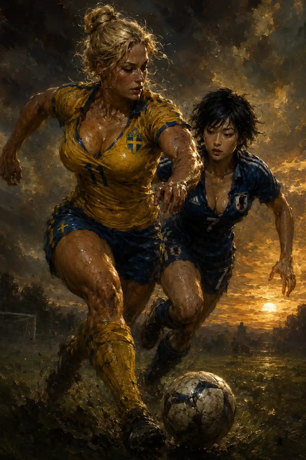 Dramatic lesbian soccer duel on a misty twilight field