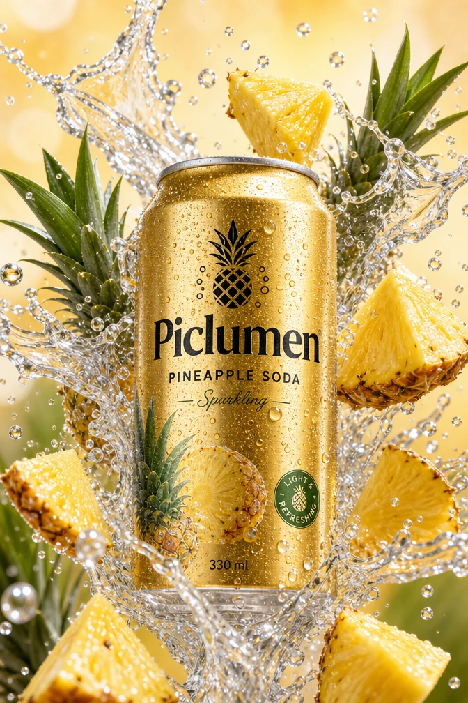 Lata de refresco de piña en oro claro con salpicaduras de agua dinámicas