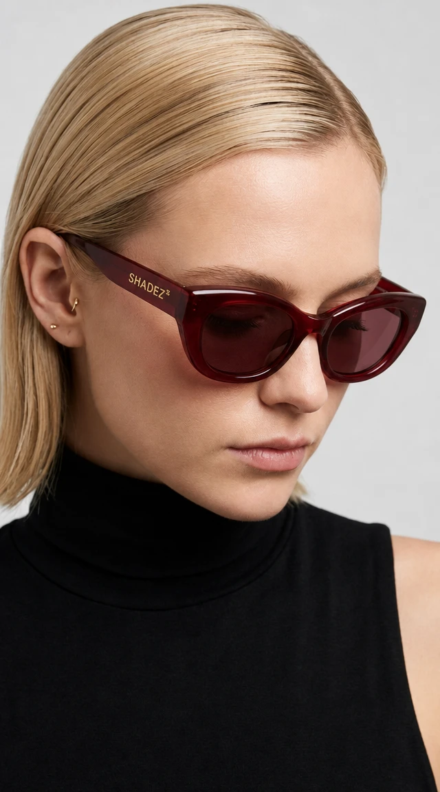 Retrato minimalista de mujer rubia con gafas de sol ojo de gato carmesí