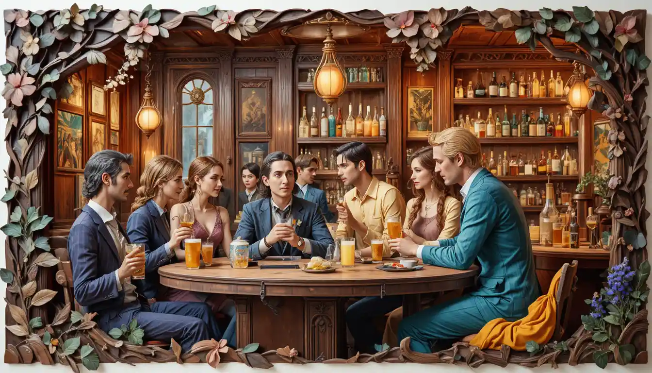 People gathered in a cozy bar rendered in pixel art