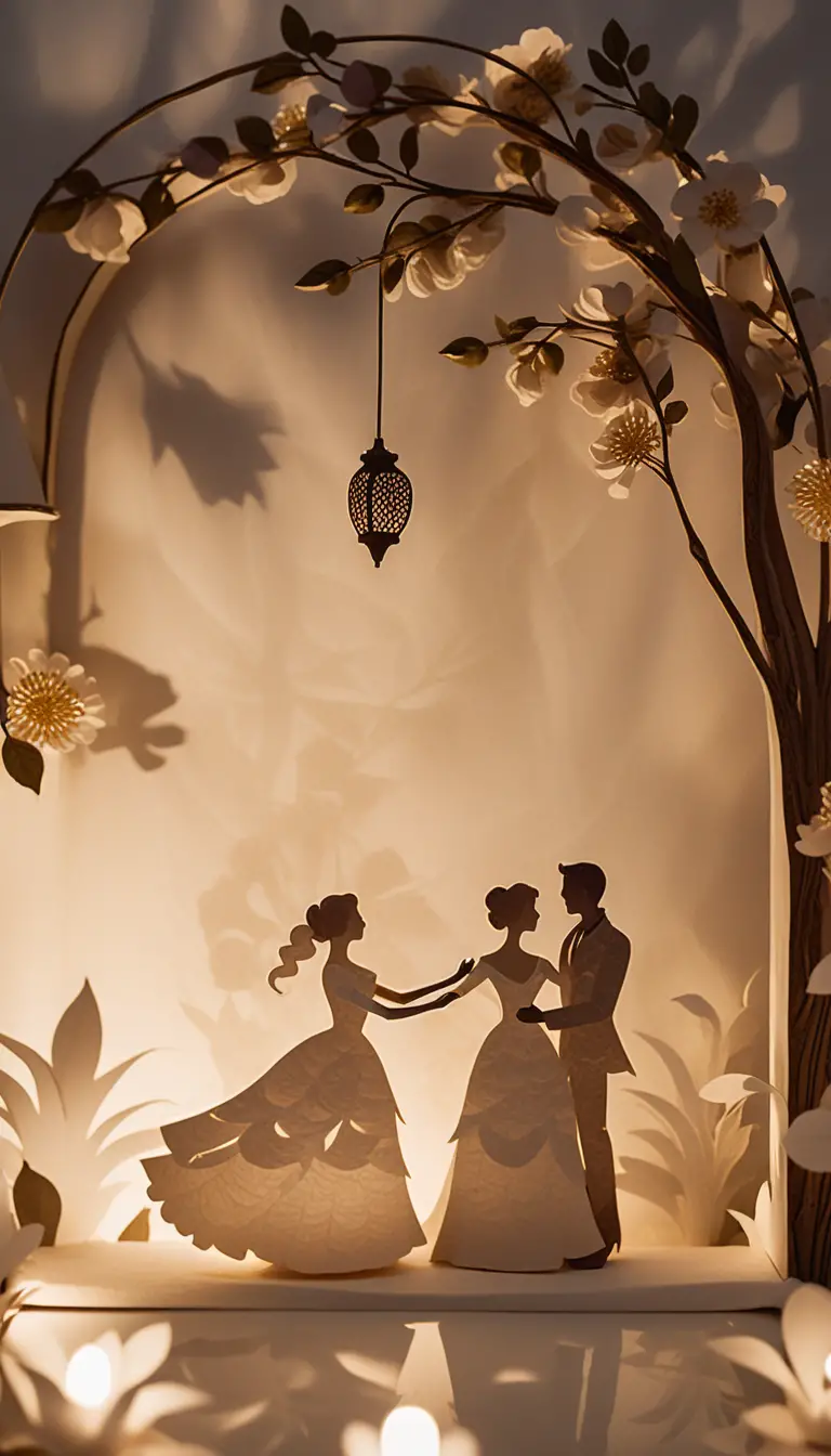 Paper craft couple silhouette dancing amid flowers and lantern