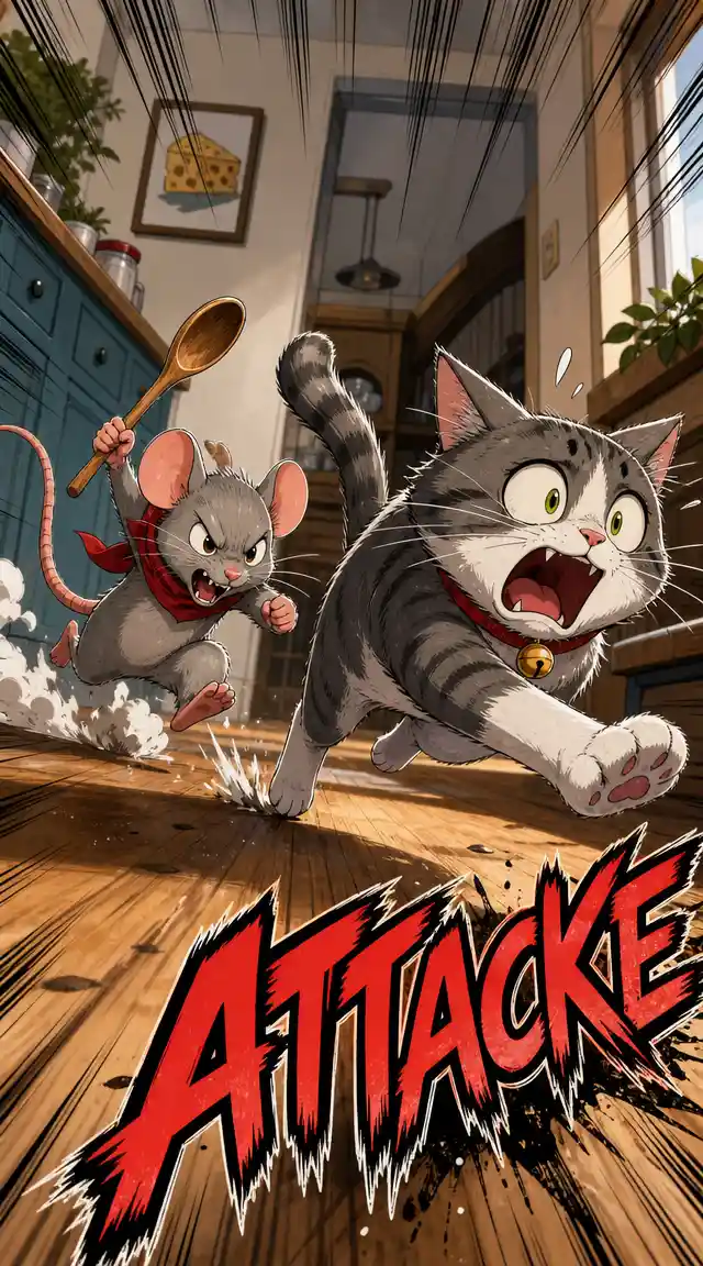 Mouse Chasing A Cat In Playful Cartoon Illustration