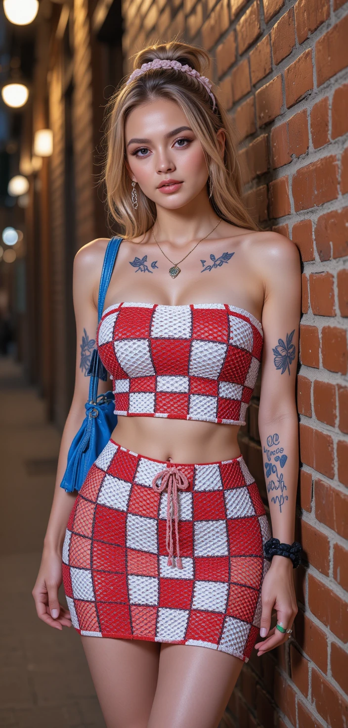 Donna in completo a maglia traforata rosso davanti a un muro di mattoni