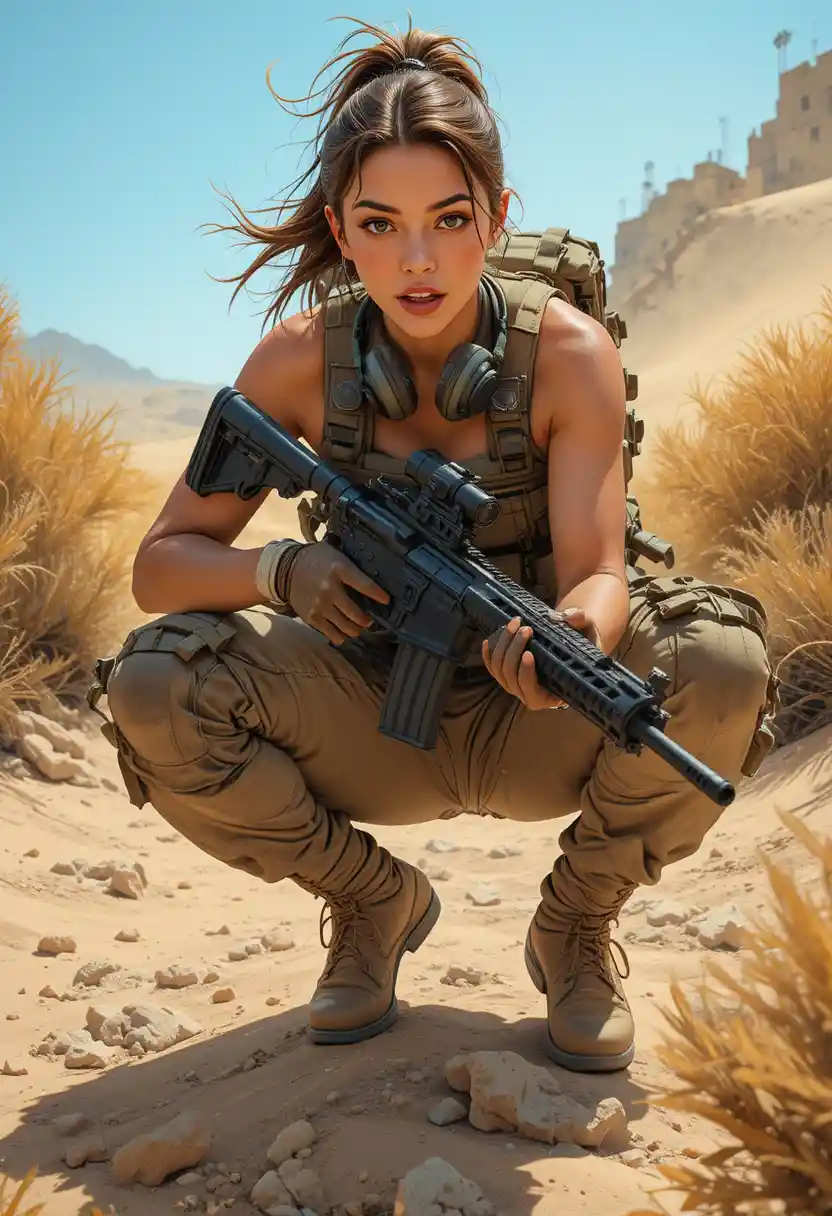 Young soldier woman crouching in tense desert standoff