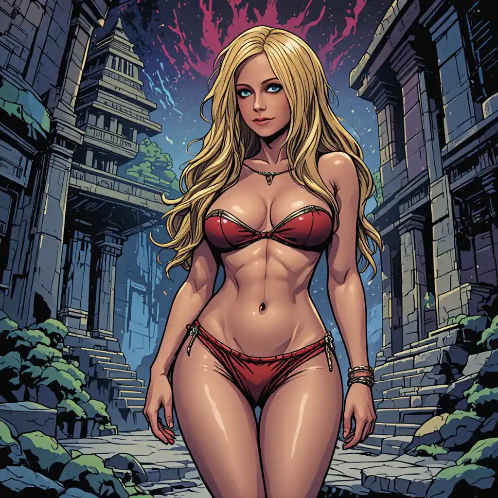 Curvy woman in micro bikini at ancient temple in comic style