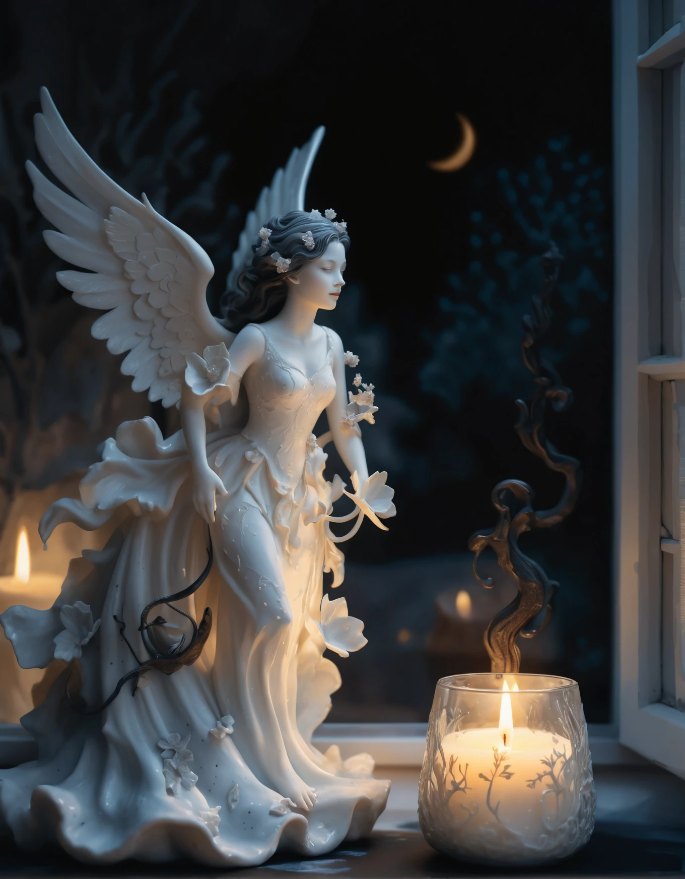 Porcelain sculpture by an open window with glowing candle