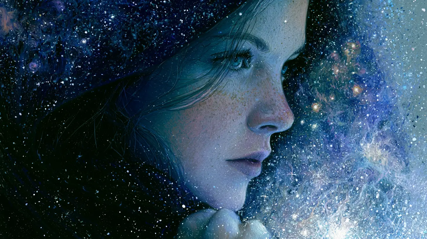Young woman holding glowing crystal in cosmic space