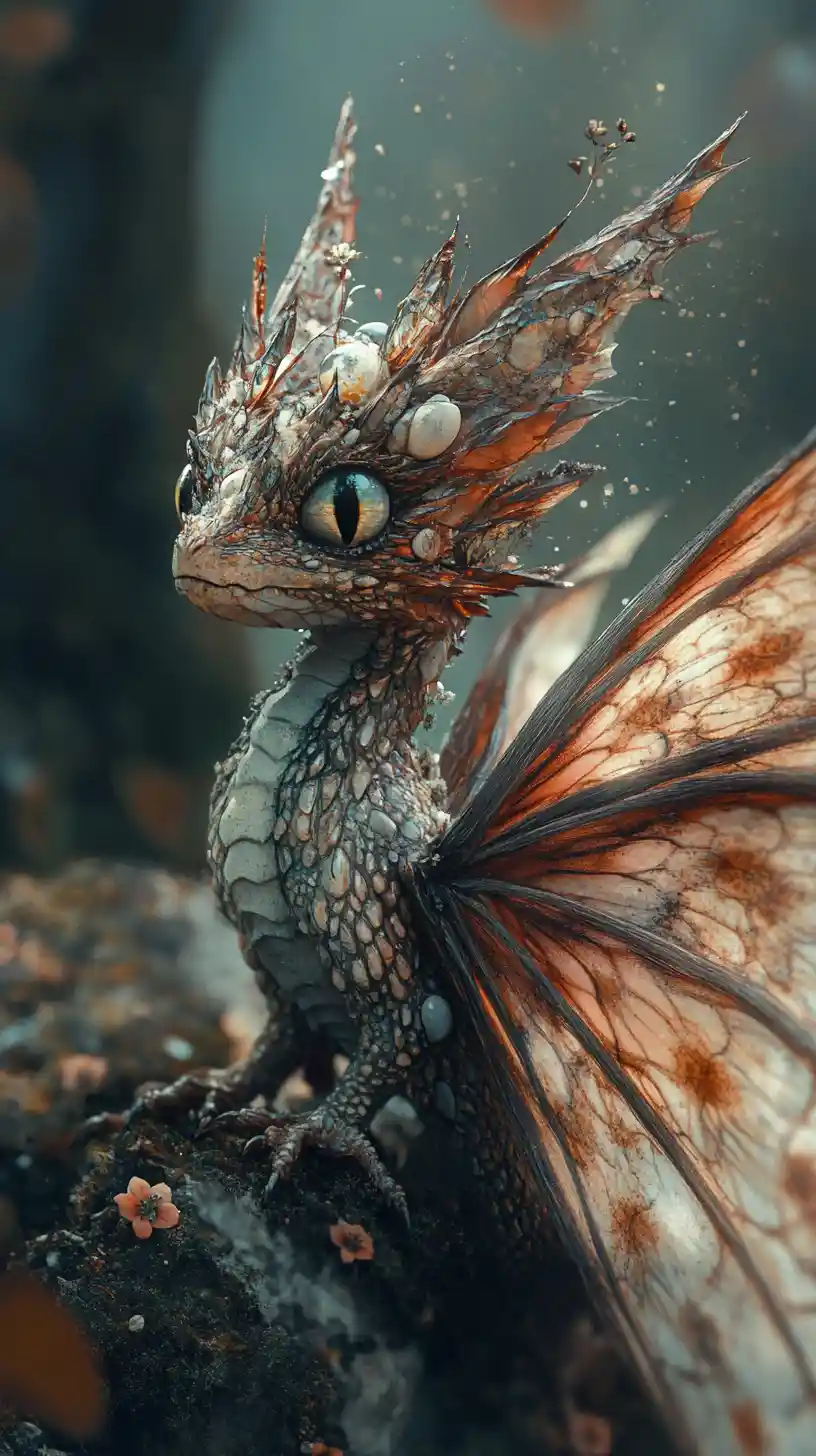 Small moth winged dragon with decaying petals and floral scales