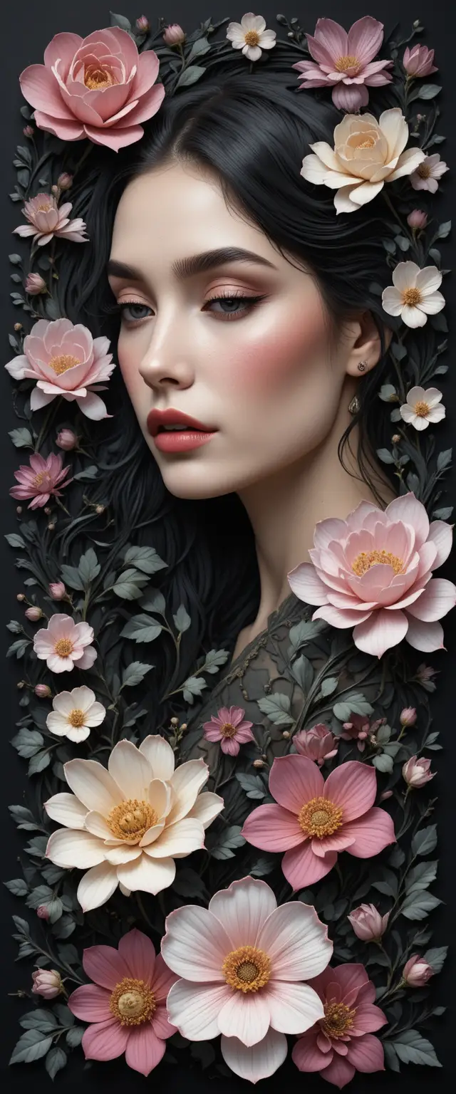 Florales weibliches Gesicht in Pixelkunst auf dunklem Hintergrund