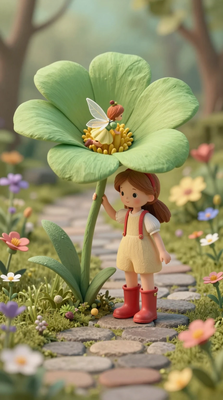 Niña diminuta bajo una flor en un jardín de hadas fantasioso