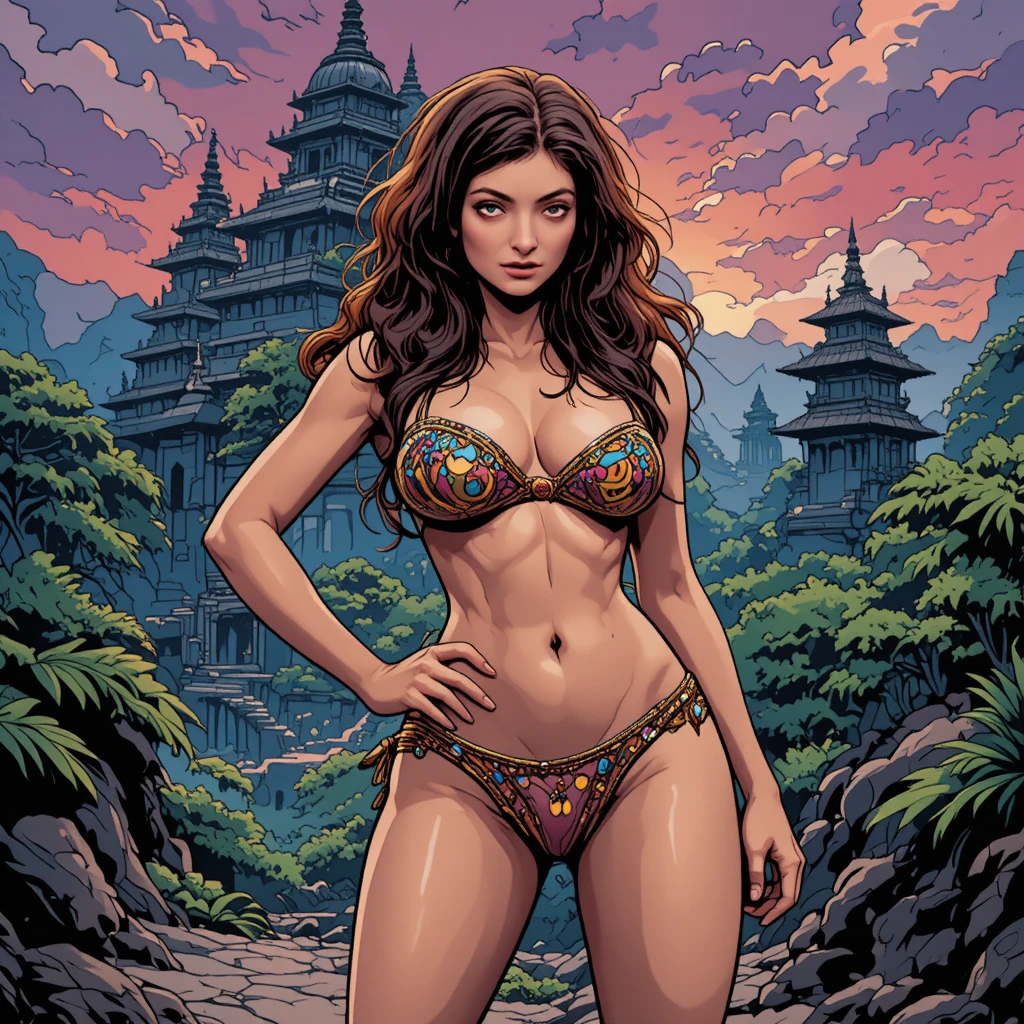 Donna amazzone in micro bikini presso antico tempio maya