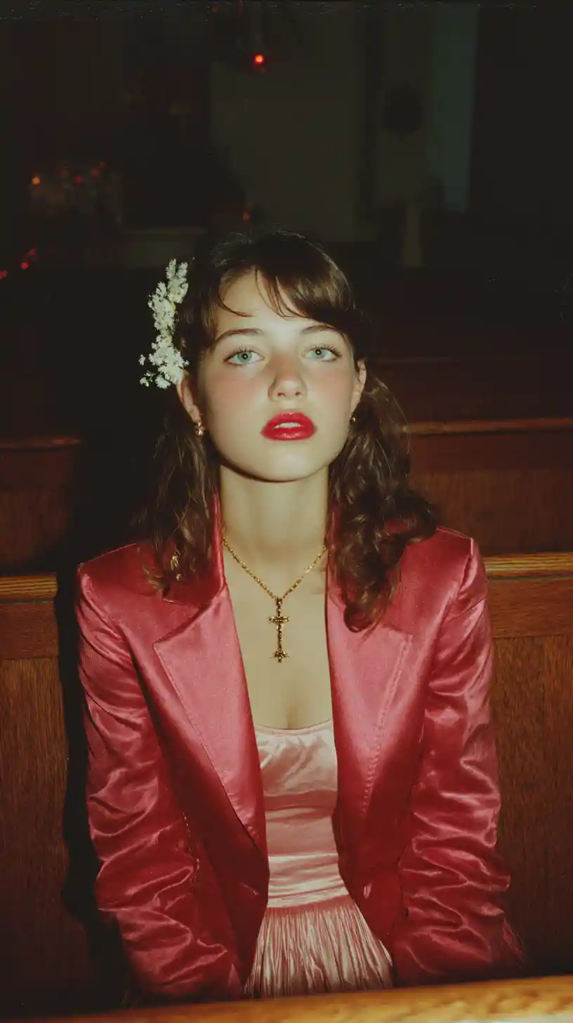 Young woman in pink satin outfit sitting in church pew