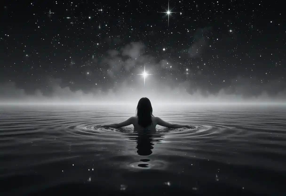 Mystical woman gliding across a starlit reflective lake