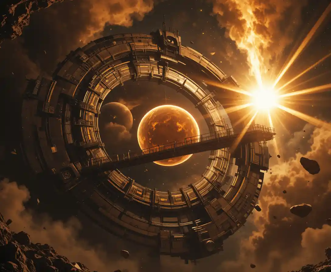 Ancient Orbital Megastructure With Glowing Energy Core In Space