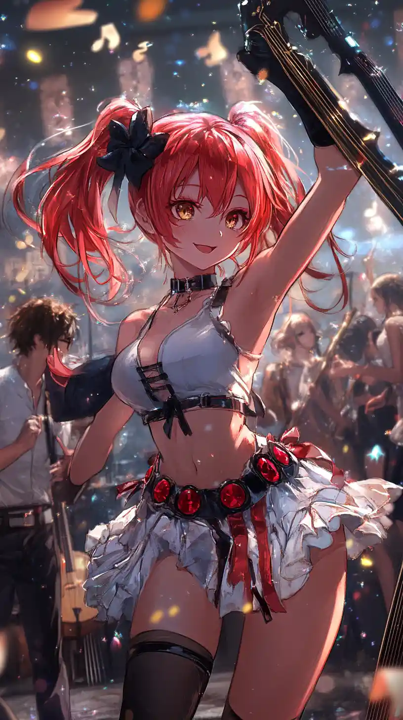 Anime girl dancing with passion in a dimly lit room