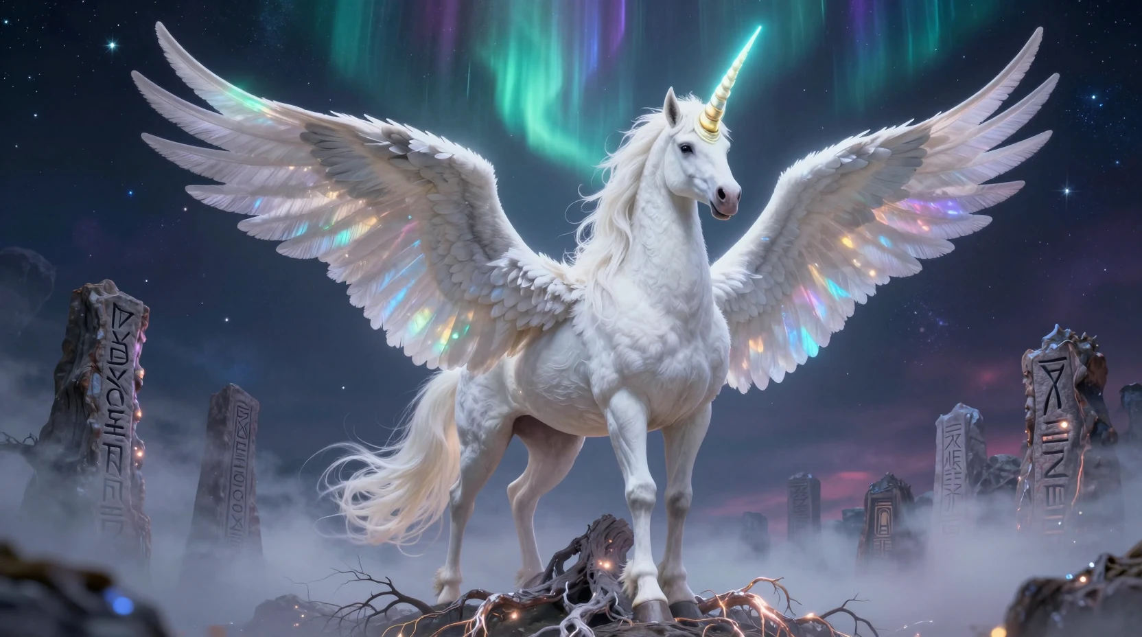 Majestic winged unicorn beneath the glowing world tree