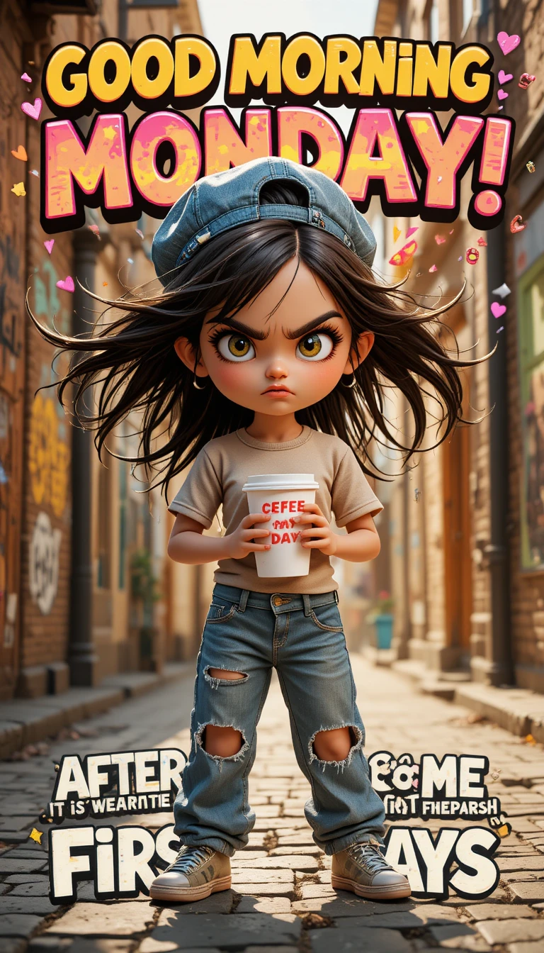 Grumpy girl offering oversized coffee in a sunny alley