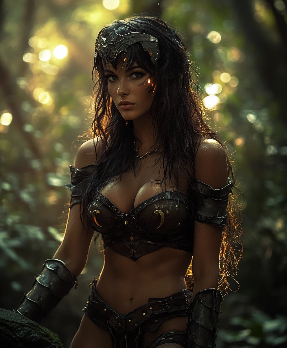 Feral fantasy warrior woman in a dark enchanted forest
